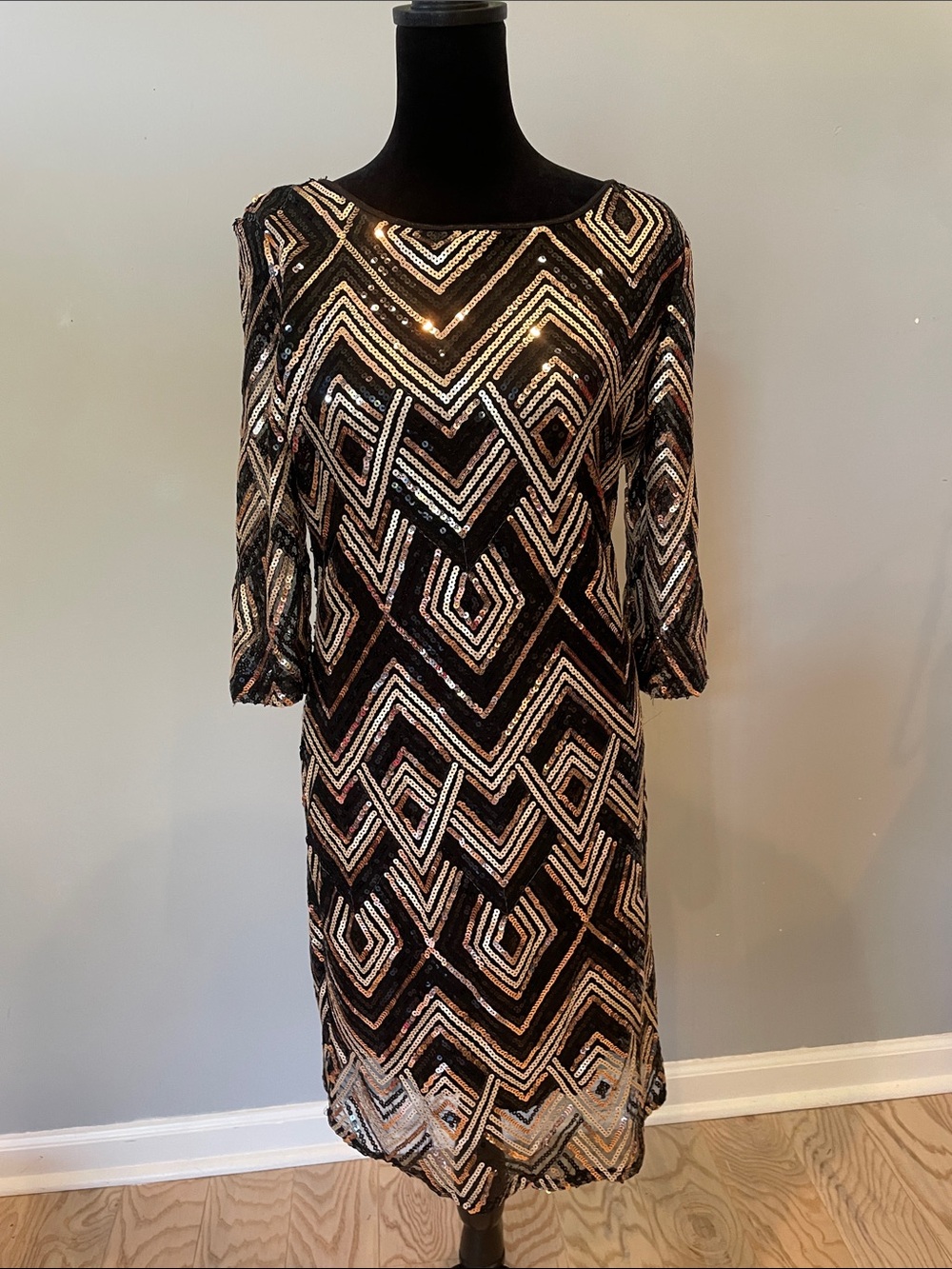 City Triangles Black and Gold Sequin Midi Dress